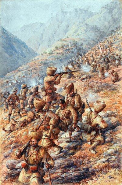 第 35 (シーク) ベンガル歩兵連隊、マラカンド野戦軍、部族民による攻撃を撃退 作： Edmund Arthur Ponsonby Hobday