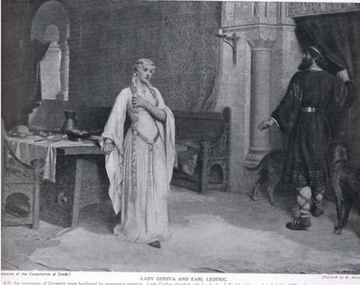 レディゴディバとアールレオフリック、「ハッチンソンの国家の歴史」、1910年頃のイラスト 作： Edmund Blair Leighton
