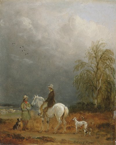 風景の中の旅行者と羊飼い（船内の油） 作： Edmund Bristow
