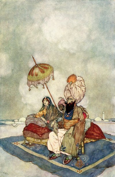 王女はこの間ずっと、宮殿の屋上から戦闘を見守っていた。 作： Edmund Dulac
