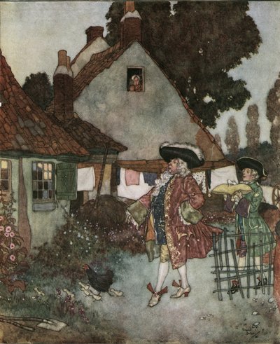 シンデレラ（シンデレラ）：大臣、ベールの靴をなくした少女を王国のすべての小屋や家で探す 1910年頃（リトグラフ） 作： Edmund Dulac