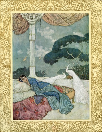 天は満たされた欲望の幻影にすぎず、地獄は燃え盛る魂の影である、
オマル・ハイヤームのルバイヤート」（1909年刊、カラーリトグラフ）の挿絵。 作： Edmund Dulac