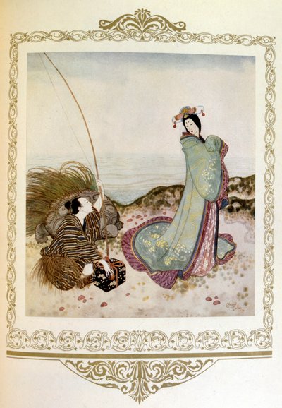 イラストレーション「巨大な亀を連れた男が女性に話しかける。デュラック作「日本」。 作： Edmund Dulac