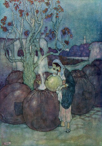 モルジアナはそれぞれの壺に十分な量の煮えたぎる油を順番に注いだ。 作： Edmund Dulac