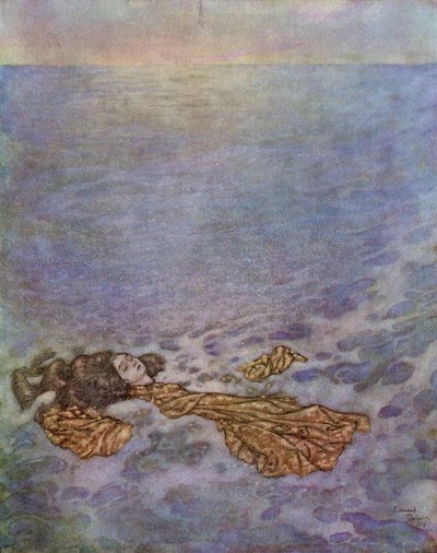 人魚姫』より抜粋）彼女は、死によってすでに薄暗くなった目で王子を見つめ、それから海に飛び込んで落下し、体は泡となって溶けていった。 作： Edmund Dulac