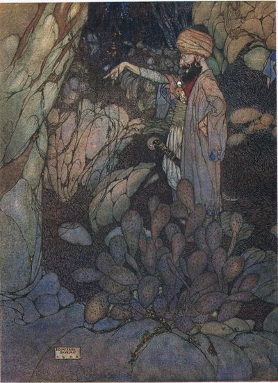 アリババと40人の盗賊」の挿絵「開けゴマ」（カラーリトグラフ） 作： Edmund Dulac