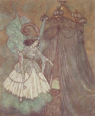 美女と野獣』の挿絵「彼女は、風格のある美しい女性と向かい合っていることに気づいた」。 作： Edmund Dulac