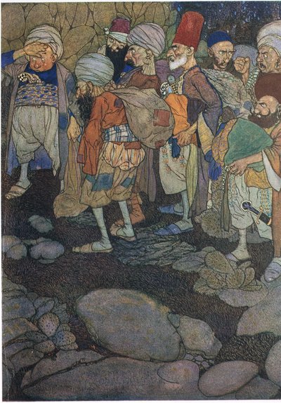 アリババと40人の盗賊」の挿絵（カラーリトグラフ）。 作： Edmund Dulac