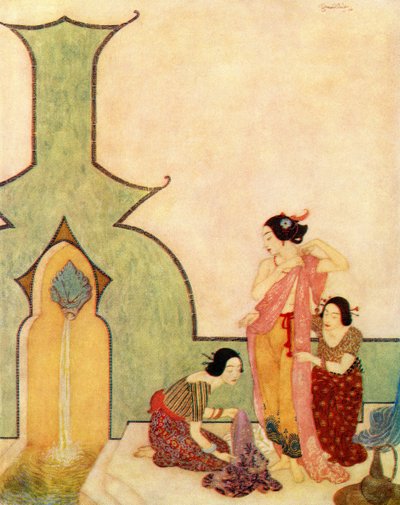 アラジンとふしぎなランプ」の挿絵「ベドル・エル・ブドゥールの女が風呂に来る 作： Edmund Dulac
