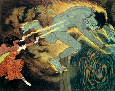 船乗りシンドバッドとその他の物語」の「3つの暦の物語」より、「王女はエルフライトを焼き殺す」（カラーリトグラフ） 作： Edmund Dulac