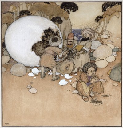アラビアンナイト』より「船乗りシンドバッド」の一場面「ロックの卵 作： Edmund Dulac