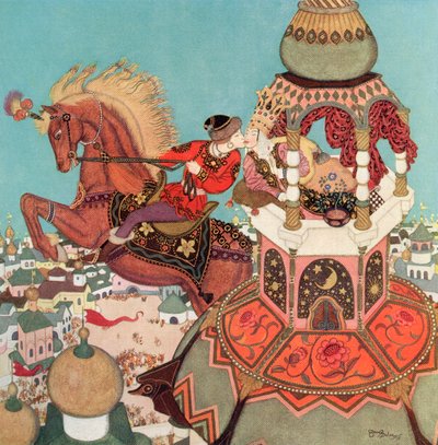 イワンと栗毛の馬」（ロシアの童話『イワンと栗毛の馬』挿絵、エドマンド・デュラックの『フェアリー・ブック』より）：1916年出版『連合国のおとぎ話』より 作： Edmund Dulac