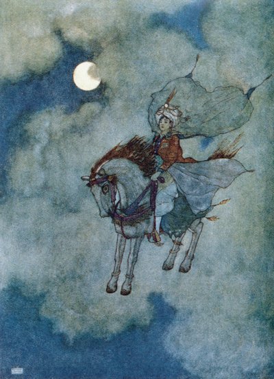 空飛ぶ馬」、1920年にポツダムで出版された『1001夜物語』の魅惑の馬の挿絵（カラーリトグラフ）。 作： Edmund Dulac