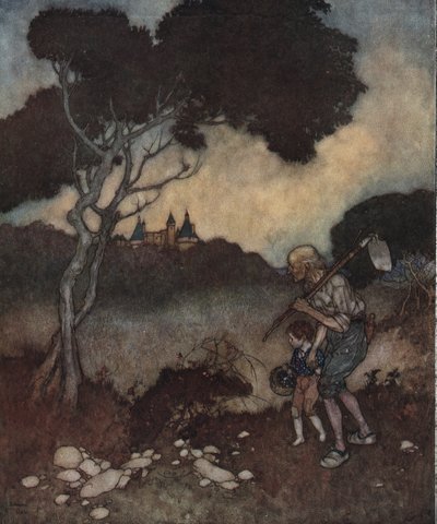 眠れる森の美女：王女の城の塔が木々の上に現れる。 作： Edmund Dulac