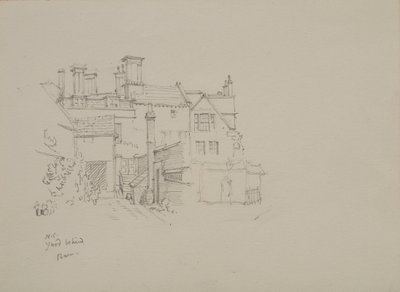 ニューカレッジのワーデンの納屋の後ろの庭のスケッチ、背景に下宿 作： Edmund Hort New
