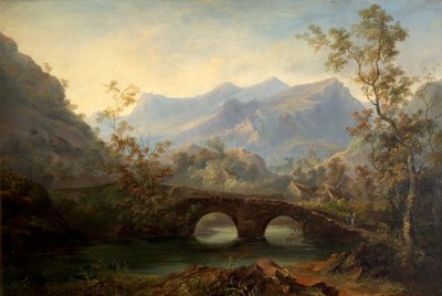 川、橋、コテージのある山岳風景、19世紀 作： Edmund John Niemann