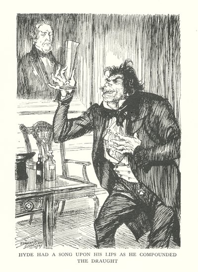 R・L・スティーヴンソン著『ジキル博士とハイド氏の奇妙な事件』の挿絵（リトグラフ）。 作： Edmund Joseph (after) Sullivan