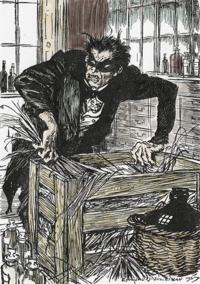 Tohtori jekyll etsii epätoivoisesti jauhoja, jotka antavat hänelle mahdollisuuden hävetä herra Hyden hahmoaan, kuvitus Edmund Joseph Sullivanin (1869-1933) romaanille L