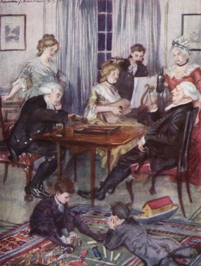 オリバー・ゴールドスミスの「ウェイクフィールドの牧師」のイラスト（カラーリトグラフ 作： Edmund Joseph Sullivan