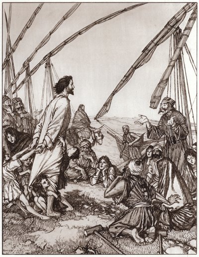 イエスは問いかける。私の隣人は誰ですか？(リトグラフ) 作： Edmund Joseph Sullivan