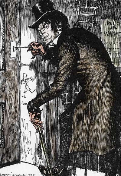 Mr Hyde volta para casa após uma noite de aventuras para tomar o antídoto e retomar a aparência do Dr. Jekyll, Ilustração de Edmund Joseph Sullivan (1869-1933) para o romance L