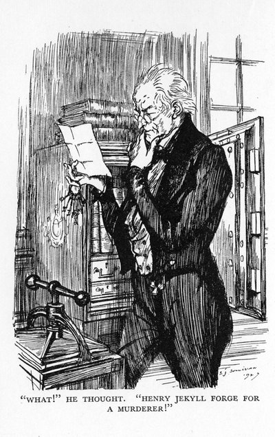 1927年、ロバート・ルイス・スティーブンソンによるジキル博士とハイド氏の奇妙な事件の場面 作： Edmund Joseph Sullivan