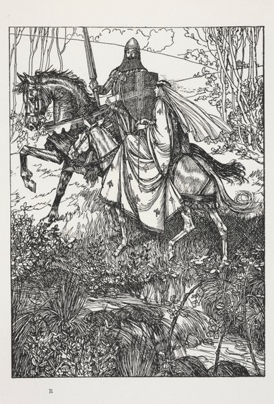 ランスロット卿とグィネヴィア女王、テニスン卿アルフレッド作「美しい女性の夢...」の挿絵 作： Edmund Joseph Sullivan
