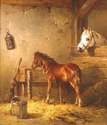 厩舎の雌馬と子馬（油彩・キャンバス） 作： Edmund Mahlknecht
