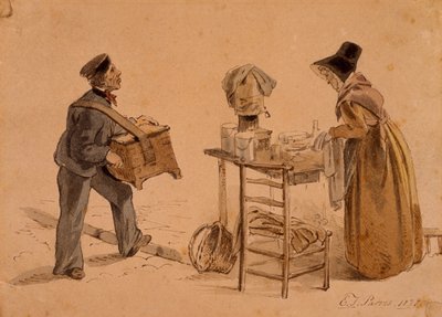 樽型オルガンとコーヒー売りを持った男性、1828年 作： Edmund Thomas Parris
