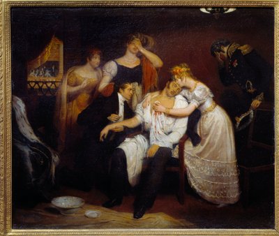 ベリー公の死 (1778-1820) 1820年2月13日 王立音楽院にて ルイ18世の甥であるベリー公は、王室の衰退を願う共和主義者ルーヴェルによってオペラ座で暗殺された。フランソワ・シボ（1799-1877）による絵画 1829年 日0,4 作： Edouard  Cibot