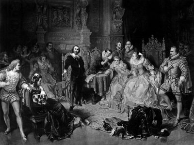 エリザベス1世の宮廷でのウィリアム・シェイクスピア（1564-1616）、ピエール・コタンによる1864年頃のエングレービング（メゾチント 作： Edouard (after) Ender