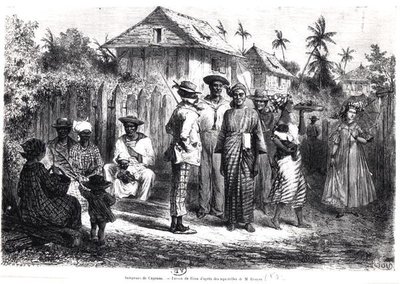 カイエンの原住民、M.ブイエの水彩画の後、アントワーヌ・ヴァレリー・ベルトラン（b.1823）が彫った（エングレーヴィング）（モノクロ写真） 作： Edouard (after) Riou
