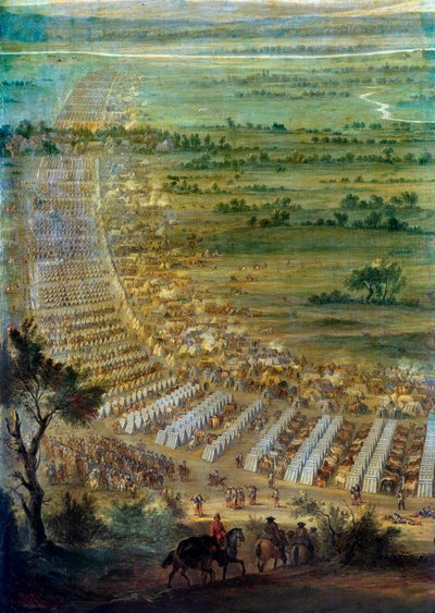 ルイ 14 世 (1638 ～ 1715 年) によるドール アン フランシュ コンテの町の占領、1674 年 6 月 6 日、軍のキャンプを表す詳細。 ジョン ポール (1675 ～ 1683 年頃に知られている) による絵画。 太陽 2,29x3,3 m ベルサイユ、シャトー美術館 作： Edouard Antoine Renard