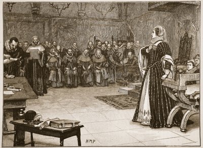 フォザーリンゲイ城でスコットランドのメアリー女王の裁判、「カッセルのイラスト入りのイングランドの歴史」（セピア写真）のイラスト 作： Edouard Berveiller
