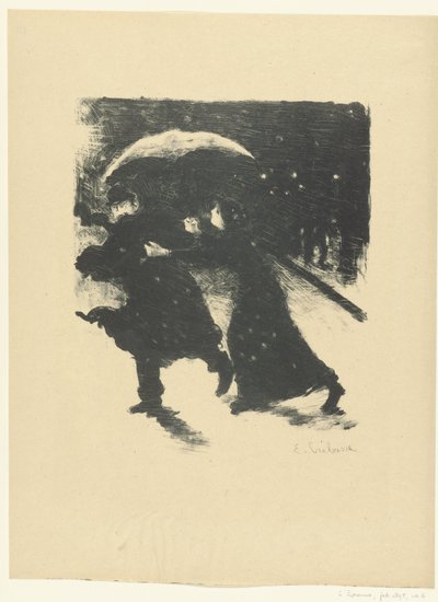夕方に雪の中で傘の下の男と女 ノクターン レプルーヴ（シリーズタイトル） 作： Edouard Crébassa