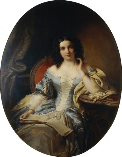 青と白のドレスを着た着席女性の肖像画。 1853年に青と白のドレスを着た着席女性の肖像 作： Edouard Ender