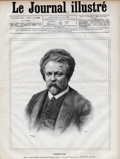アルフレッド・グレヴァン（1827-1892）彫刻家、漫画家、漫画家、フランスの劇場衣装デザイナー - 1892年の「The Illustrous Journal」に掲載されたナダールの写真をもとに、ナヴェリエがエングレーヴィングしたもの。 作： Edouard Felicien Eugene Navellier