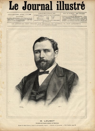 1892年のエミール・ルベ（1836-1929）（評議会議長、内務大臣） 1892年の「The Illustrous Journal」に掲載されたナヴェリエの版画版 作： Edouard Felicien Eugene Navellier