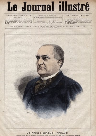 Jerome Bonaparte dit Plon (Plonplon) (1822-1891) (Napoleon-Jerome Bonaparte または Prince Jerome Napoleon), Jerome Bonaparte (1784-1860)の息子 - 1891年の「The Illustrous Journal」に掲載されたNavellierによるエングレーヴィング。 作： Edouard Felicien Eugene Navellier