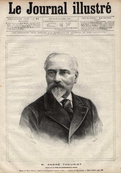 フランスの小説家、詩人、学者であるアンドレ・テューリエ（1833-1907）の肖像 - 1891年の「Le journal illustrious」に掲載されたナヴェリエによるエングレーヴィング。 作： Edouard Felicien Eugene Navellier