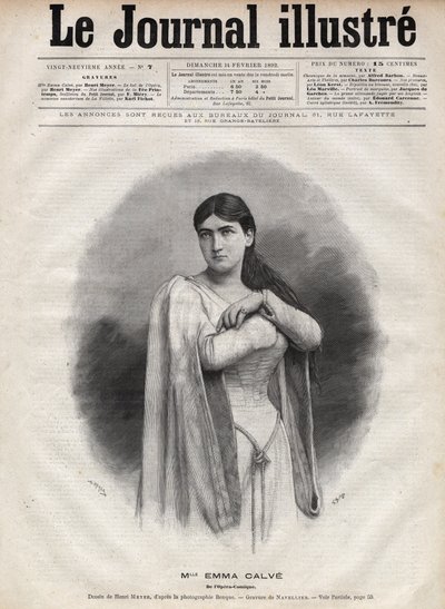 フランスのソプラノ歌手、エマ・カルヴェ（Rosa Noemie Emma Calvet de Roquet, dit）（1858-1942）の肖像 - 1892年の「The Illustrous Journal」に掲載されたナヴェリエによるエングレーヴィング。 作： Edouard Felicien Eugene Navellier