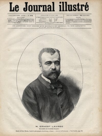 フランスの歴史家・学者であるアーネスト・ラヴィース（1842-1922）の肖像 - 1892年の「Le journal illustrious」に掲載されたナヴェリエによるエングレーヴィング。 作： Edouard Felicien Eugene Navellier