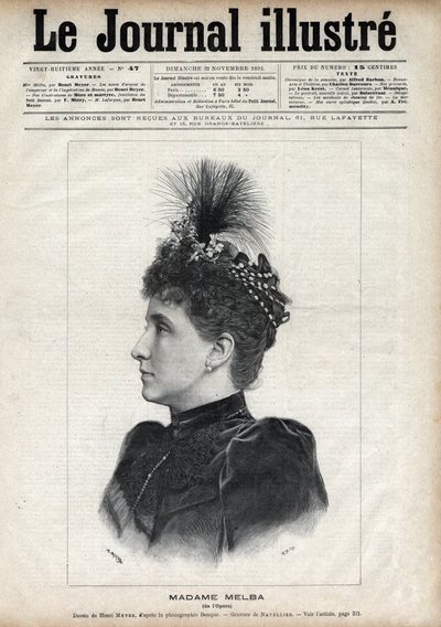 オーストラリアのソプラノ歌手、ネリー・メルバ（ヘレン・ポーター・ミッチェル）（1861-1931）の肖像 - 1891年の「The Illustrous Journal」に掲載されたナヴェリエによるエングレーヴィング。 作： Edouard Felicien Eugene Navellier