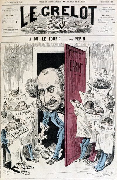 (新聞の検閲に関する漫画） - 1877年2月18日付「Le Grelot」に掲載されたPépinによるもの。 作： Edouard Guillaumin Pepin
