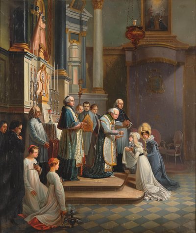 1819年4月、ベリー公爵夫人がノートルダム・ド・リエッセ教会を訪問。 作： Édouard Henri Théophile Pingret
