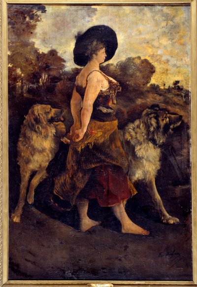 La Carola 犬を連れたジプシー。 Edouard Jacques Dufeu (1840-1900) 1878 による絵画 作： Edouard Jacques Dufeu