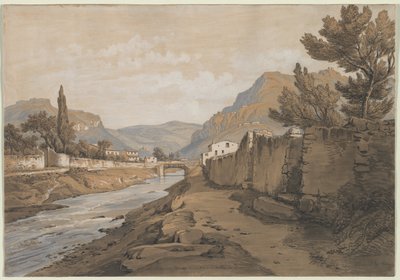 ダーデンヌ渓谷の端にあるヌーブ川、1800年代。 作： Edouard Jean Marie Hostein