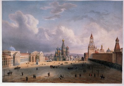 モスクワ (ロシア) の赤の広場の眺め。 Edouard Jean Marie Hostein (1804-1889) の作品、水彩で着色されたリトグラフ、1830 年頃、19 世紀のフランスの芸術。 A. プーシキン記念博物館、サンクトペテルブルク。 作： Edouard Jean Marie Hostein