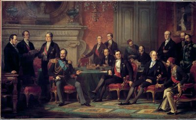 1856年2月25日から3月30日までのパリ会議は、クリミー戦争の終結に伴い、ナポレオン3世がヨーロッパ諸国の外務大臣を集めて開催したものです。Edouard Louis Dubufe (1820-1883)による絵画。1856年日。3,08 x 5,10 m 作： Edouard Louis Dubufe