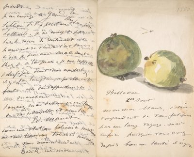 1880 年 8 月 2 日、2 つのリンゴで飾られたウジェーヌ マウスへの手紙。 作： Édouard Manet